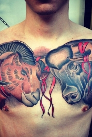 old school胸部彩色羊头和牛头纹身图案