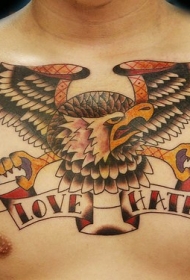 胸部老鹰爱与恨英文纹身图案