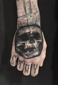 手背个性黑色骷髅素描纹身图案