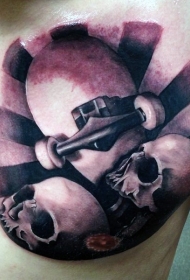 胸部黑灰风格的彩色骷髅滑板纹身图案