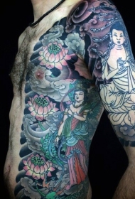 日本风格佛像和莲花彩色纹身图案