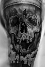 手臂黑白损坏的骷髅结合黑暗墓地纹身图案