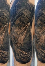 手臂惊人的写实黑色大犀牛头纹身图案