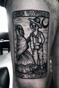 大腿黑色的墨西哥风格骷髅卡片纹身图案