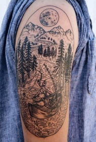 大臂黑色线条山水森林风光纹身图案