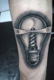 小臂个性黑白灯塔和灯泡纹身图案