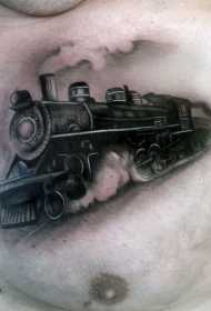 胸部写实的蒸汽火车黑灰纹身图案