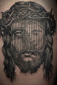 耶稣黑色肖像大腿纹身图案