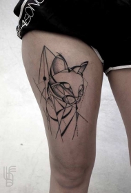 小腿印象深刻的黑色线条神秘猫纹身图案