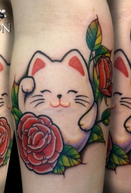 彩色可爱的卡通招财猫与玫瑰纹身图案