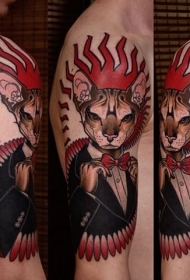 大臂现代风格彩色绅士猫纹身图案
