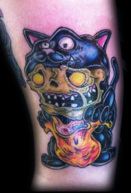 令人毛骨悚然的彩色恶魔骷髅猫纹身图案