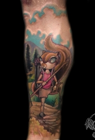 卡通松鼠走在森林彩色纹身图案