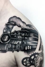 肩部卡通黑色旧火车纹身图案