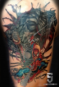 大臂彩色卡通蜘蛛侠和毒液纹身图案