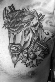 new school胸部黑色公牛与花朵纹身图案
