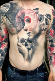 胸部骷髅与写实女子肖像纹身图案