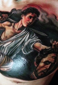胸部彩色男性肖像与切断的恶魔头纹身图案