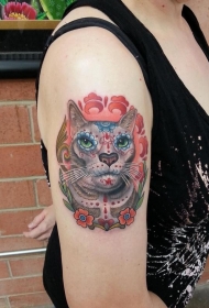 墨西哥传统彩色猫大臂纹身图案