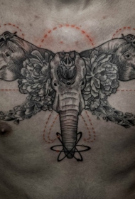 胸部雕刻风格三头大象纹身图案