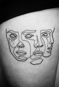 大腿简单的黑色线条各种人脸纹身图案