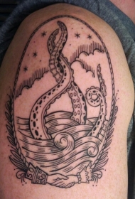 大臂黑色线条海浪章鱼纹身图案