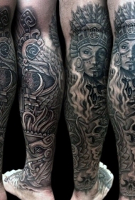 小腿黑白难以置信的玛雅部落妇女和雕塑纹身图案