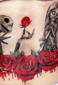 腰部好看的卡通僵尸与血腥玫瑰纹身图案