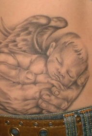 黑灰风小天使睡在手上纹身图案