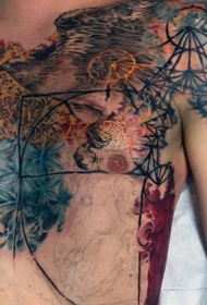 胸部现代风格彩色鹰和花朵纹身图案