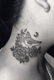 颈部黑色线条狐狸月亮和鲜花纹身图案