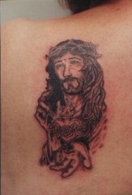 肩部耶稣与圣心黑灰纹身图案