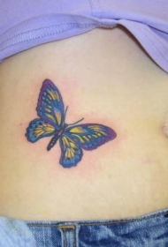 腹部深蓝色和黄色蝴蝶纹身图案