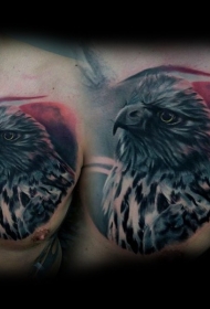 胸部华丽黑灰老鹰和红太阳纹身图案
