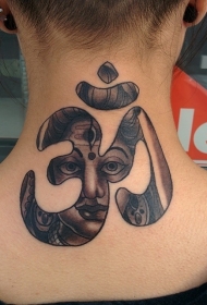颈部宗教黑色符号与佛像纹身图案