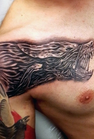 肩膀和胸部黑灰风格很酷的恶魔狼纹身图案