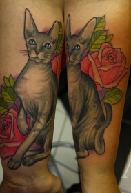胸部玫瑰和树叶猫彩色纹身图片