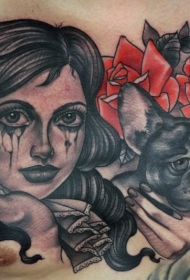 胸部old school彩色哭泣女人与狗和花朵纹身图案