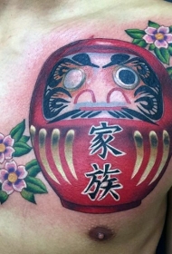 胸部日式达摩和花朵纹身图案