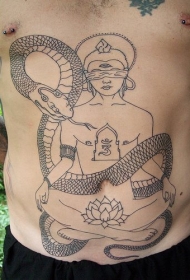 腹部佛像与蟒蛇线条纹身图案