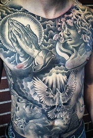 胸部和腹部宗教风格雕塑鸽子手纹身图案