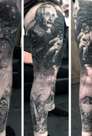腿部爱因斯坦肖像和宇航员太空纹身图案