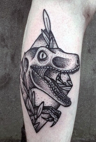 小腿黑色点刺恐龙个性纹身图案