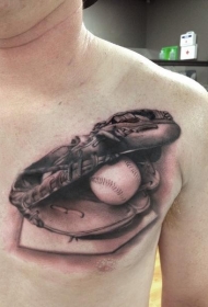 胸部逼真写实的棒球手套和棒球纹身图案