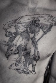 胸部黑色线条恶魔马和骨架纹身图案