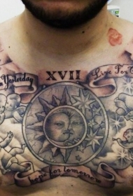 胸部黑白太阳和月亮与小天使纹身图案