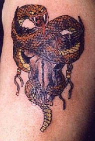 公牛骷髅和黄色的蛇纹身图案
