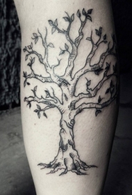小腿卡通风格黑色开花树纹身图案