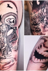手臂黑色的僵尸夫妇与城堡和蝙蝠纹身图案