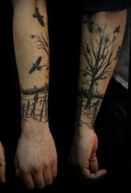 小臂黑色风景树和鸟纹身图案